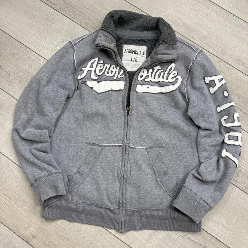 Y2K Aeropostale Sherpa Lined Zip Jacket Gray Sz L Applique Logo A87 Fleece Skate